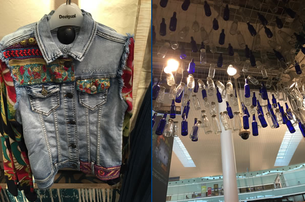Left: the Denim jacket is the brand's bestselling item in its Barcelona Airport store; right: the ceiling of the store at Barcelona-El Prat Airport features hundreds of glass bottles which are cleaned once every two years