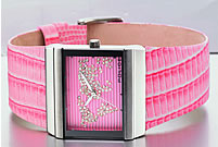 Glamour World is a women's watch with a rectangular case that frames a sparkling world map made of cubic zirconia