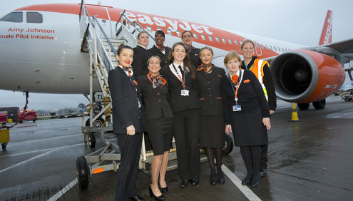 International Women's Day Easyjet celebrates the day with an all female flight and ground operating crew. Captain Kate McWilliams, 27 - worldÕs youngest female commercial Captain First officer Sue Barrett Cabin Manager Laura Marks Cabin crew Natasha Baker, Charlotte Carr and Nuria Belda Marco.