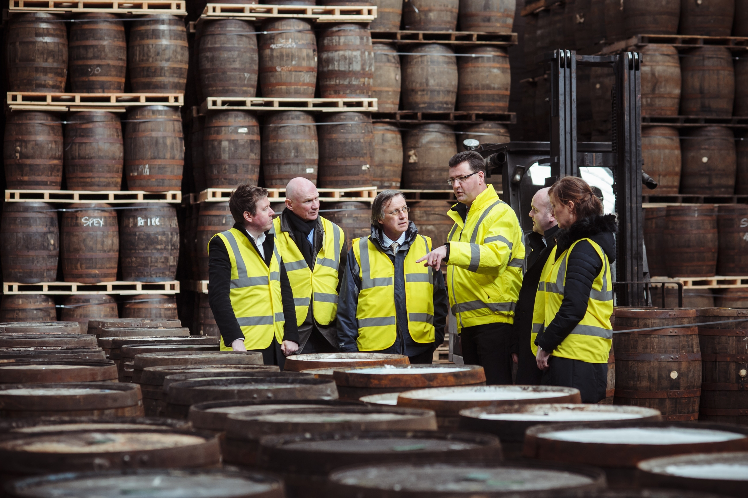 AIRDRIE, UK - 3rd March 2016: A delegation of visitors from Dufry and Glasgow Airport visit the headquarters of Inver House Distillers. The visit ties-in with the launch of an exclusive Old Pulteney travel retail bottling that will launch this summer to celebrate Glasgow Airport's 50th Anniversary. (Photograph: MAVERICK PHOTO AGENCY)