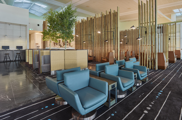 The design of Plaza Premium Lounge in Brisbane Airport is inspired by the abundant natural resources of Australia, featuring rustic elements with modern structures and fine materials