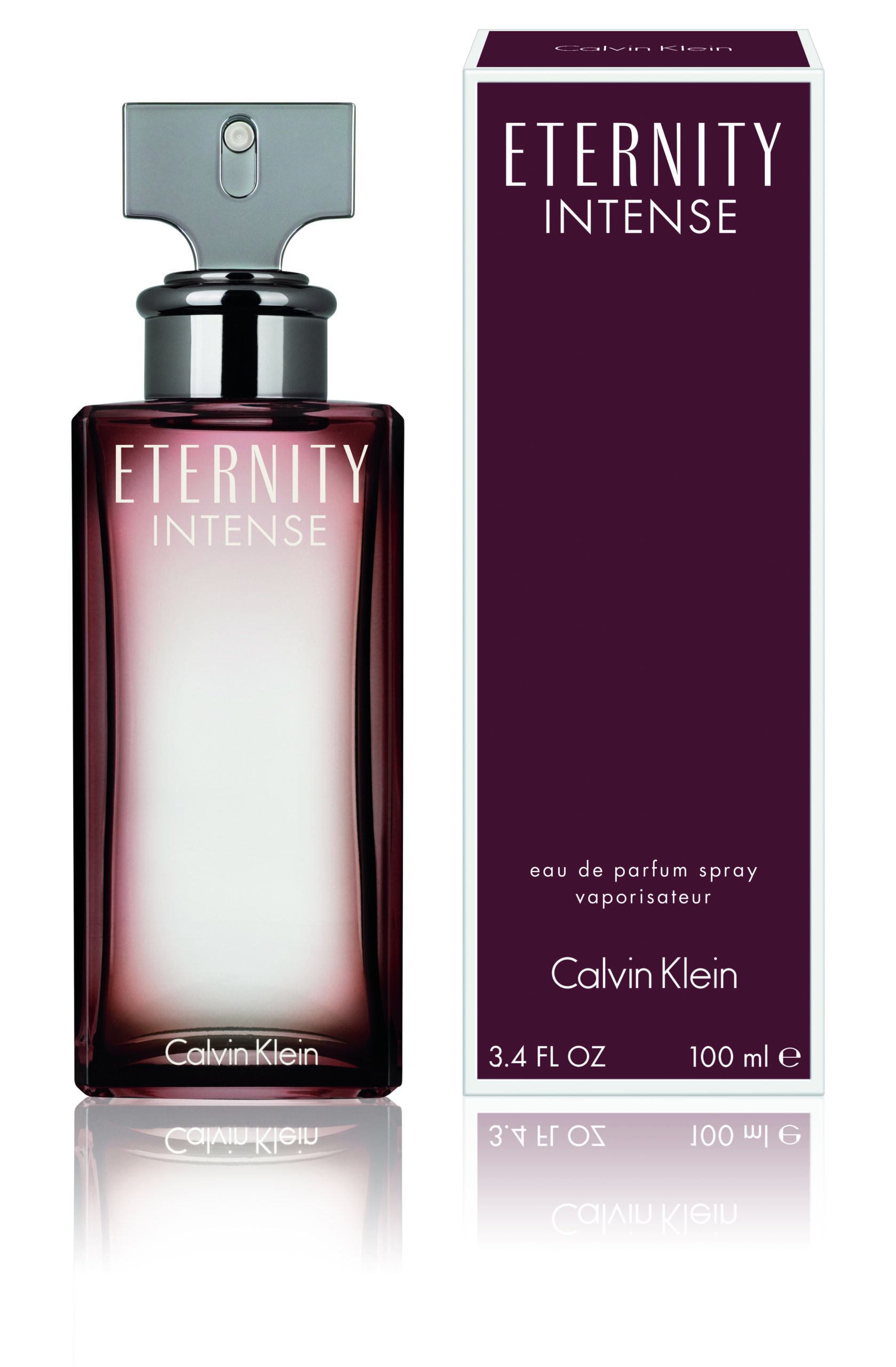 The bottle for Eternity Intense Calvin Klein for women adds crimson shading to the minimalist design of the original bottle 