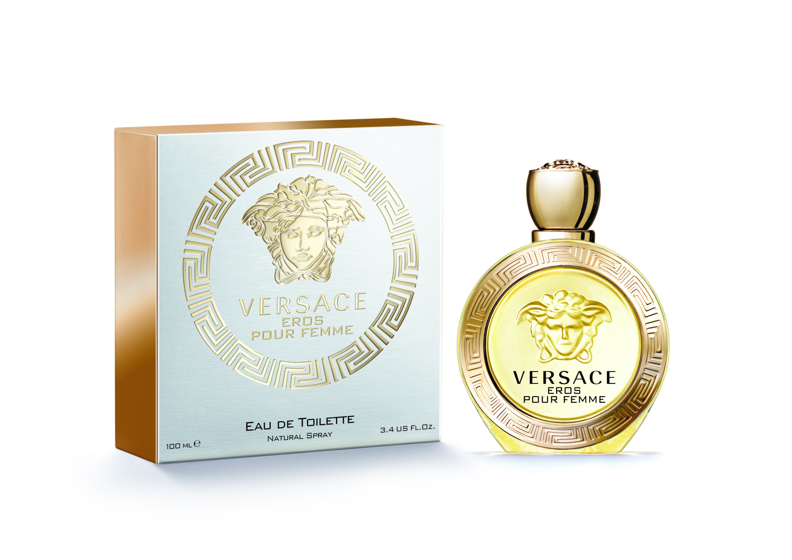 Eros Pour Femme is presented in an amphora-shaped bottle in reference to Greek mythology. This is underlined by the presence of Medusa and by the Greek fretwork motif around the bottle 