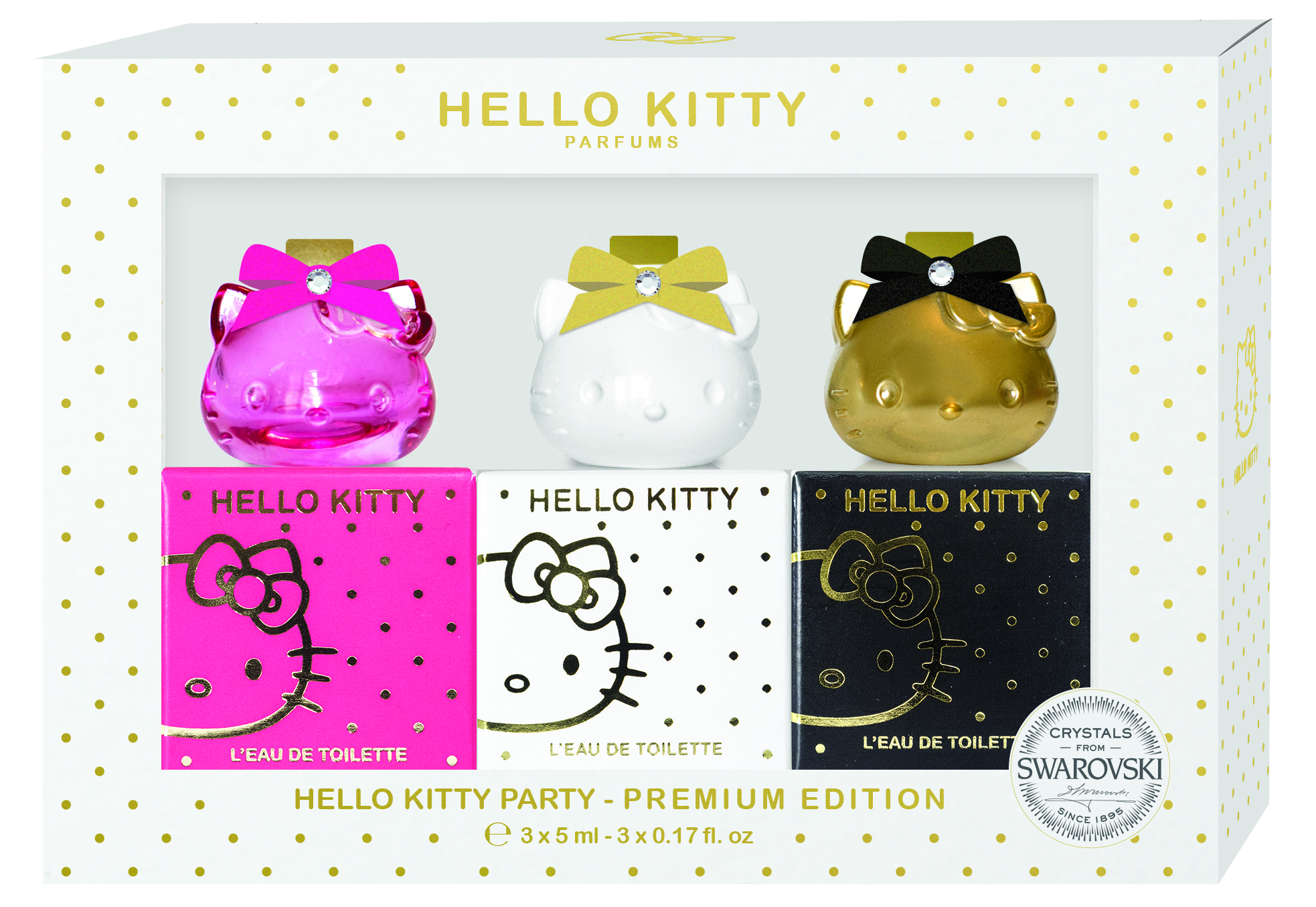 The Swarovski-embellished Hello Kitty Party Miniatures Set Premium Edition contains an exclusive pink version 