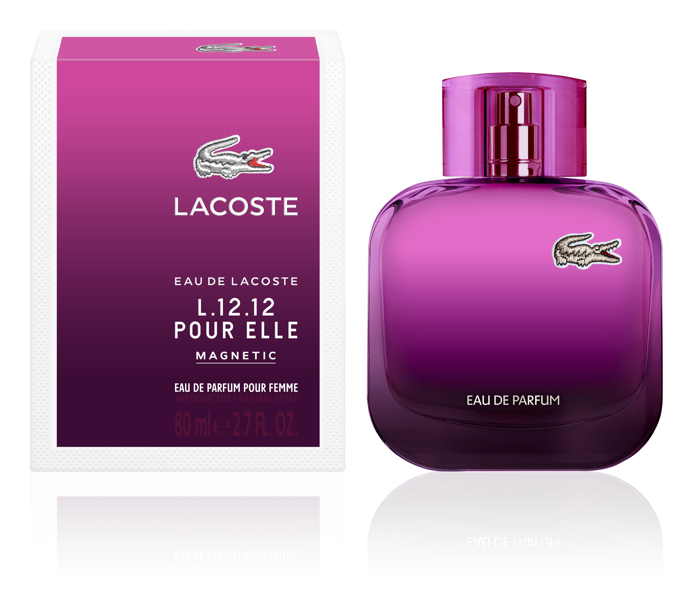 The flacons are designed in the same style as the rest of the Eau de Lacoste L. 12. 12 fragrance line: here they appear in intense shades of pink and blue said to represent a magnetic glow 