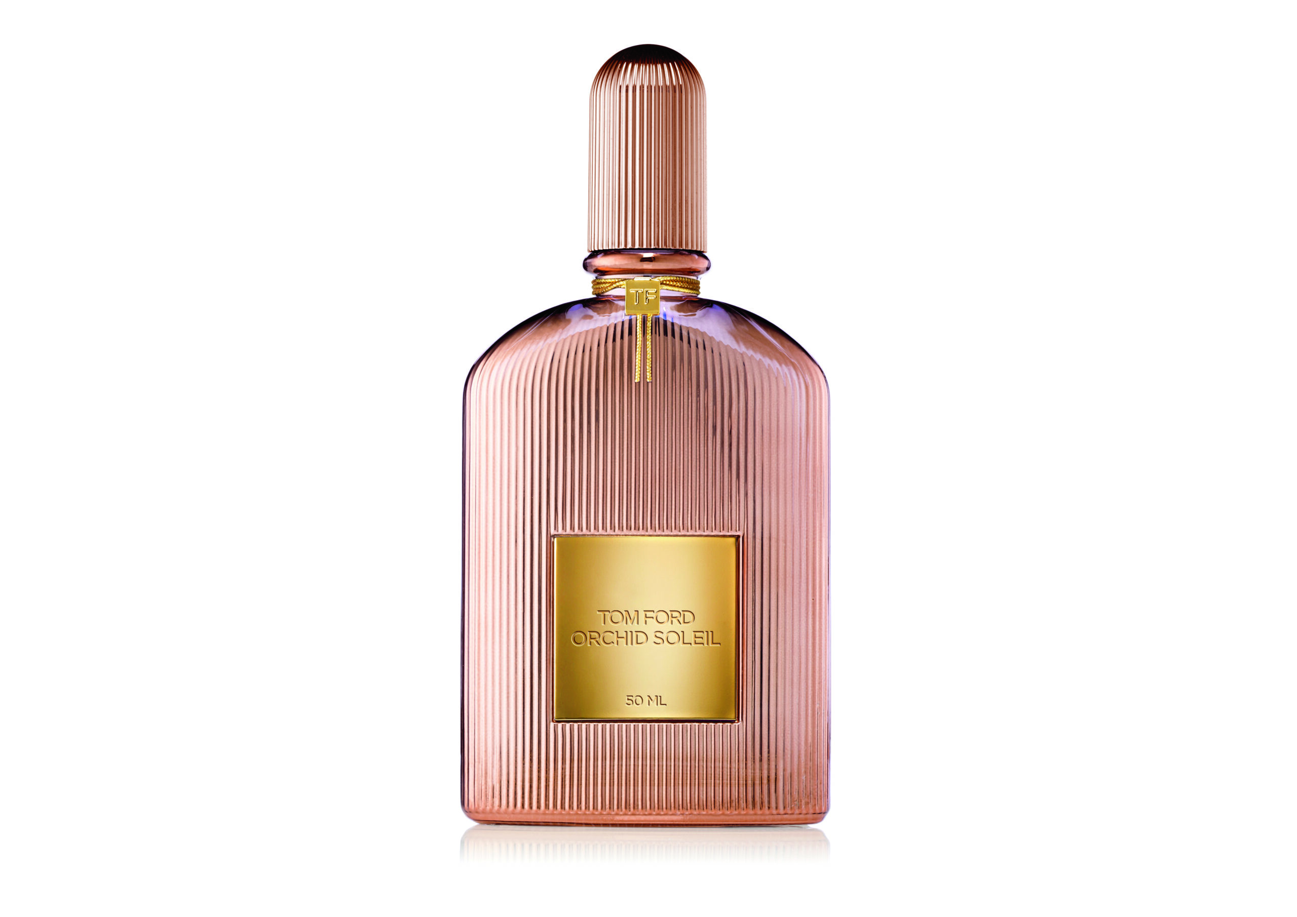 Echoing the Black Orchid art deco bottle, Tom Ford Orchid Soleil turns it a luminous rose gold 