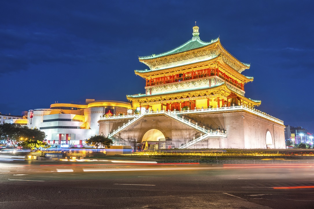 Xian bell tower (chonglou) in Xian ancient city of China at dusk