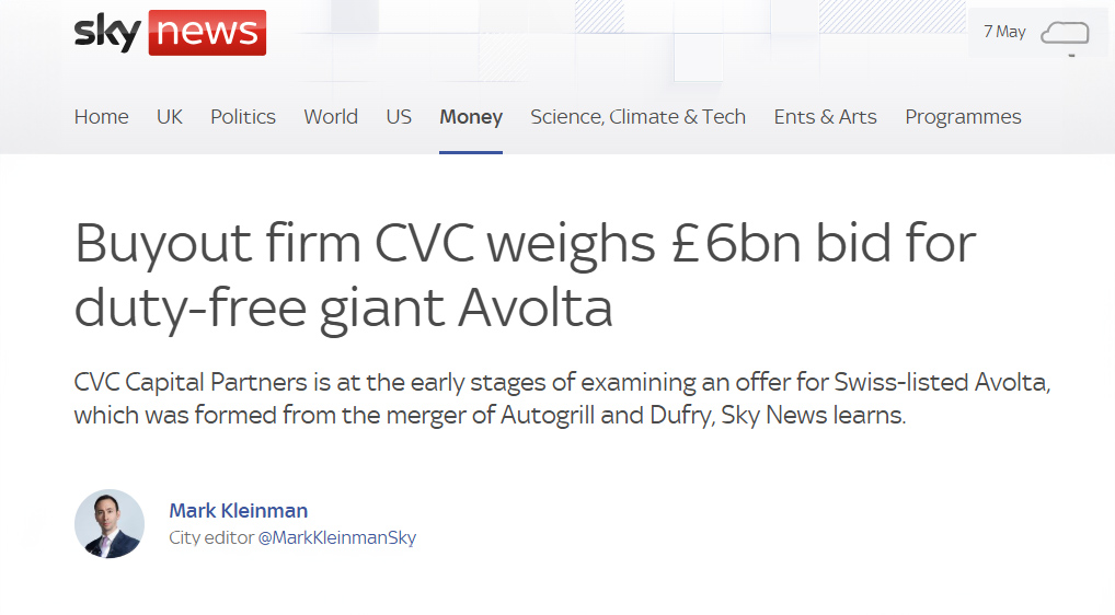 No comment says Avolta following Sky News story of touted CVC Capital Partners £6 billion takeover bid